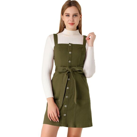 Women's Classic Adjustable Strap A-Line Overall Denim Dress Army Green - Picture 1 of 6